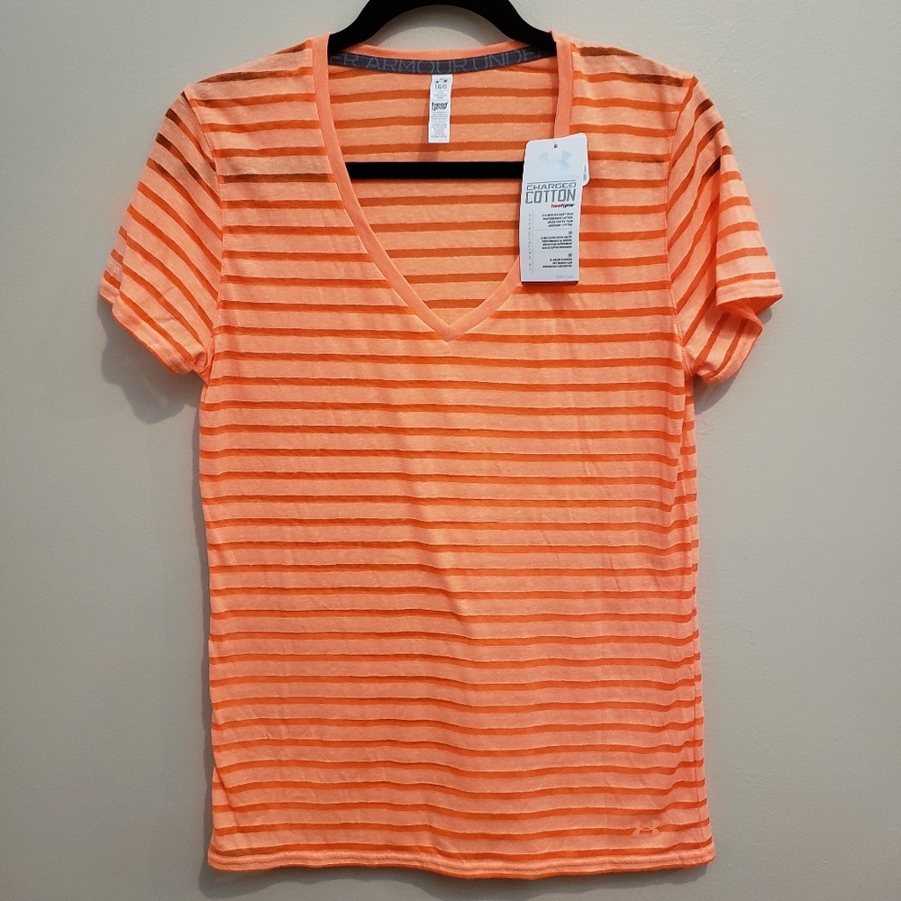 Under Armour Orange Striped V-Neck Cotton Tee - L